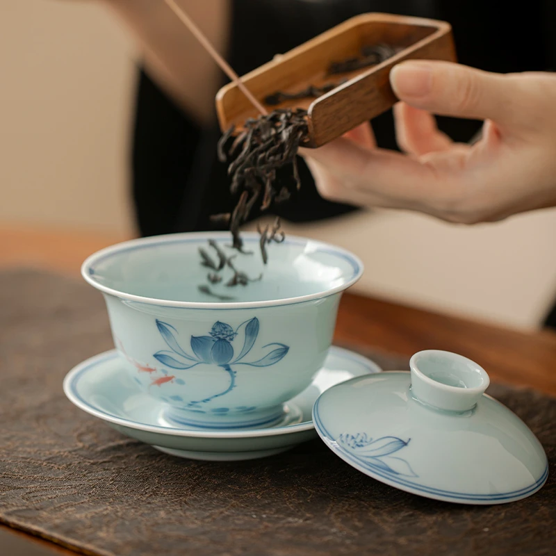 陶瓷手绘荷花盖碗茶具带盖送礼会客家用三才盖碗中式复古泡茶茶具