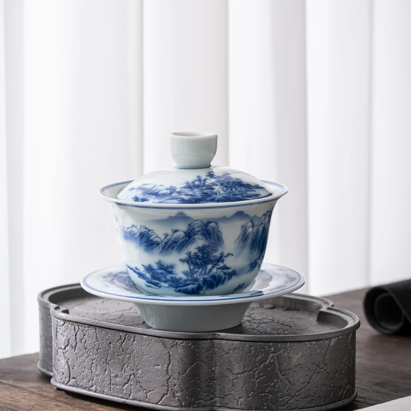复古青花山水陶瓷白瓷三才盖碗釉下彩高档家用送礼功夫茶具泡茶碗
