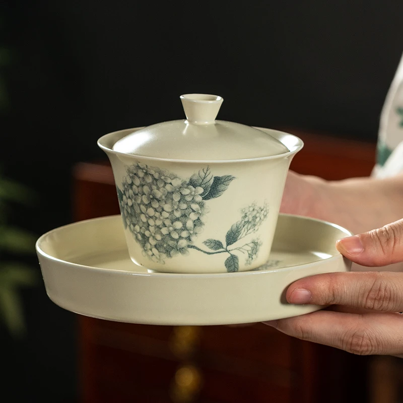 复古草木灰兰花三才盖碗家用简约中式高档茶功夫茶具陶瓷手抓壶