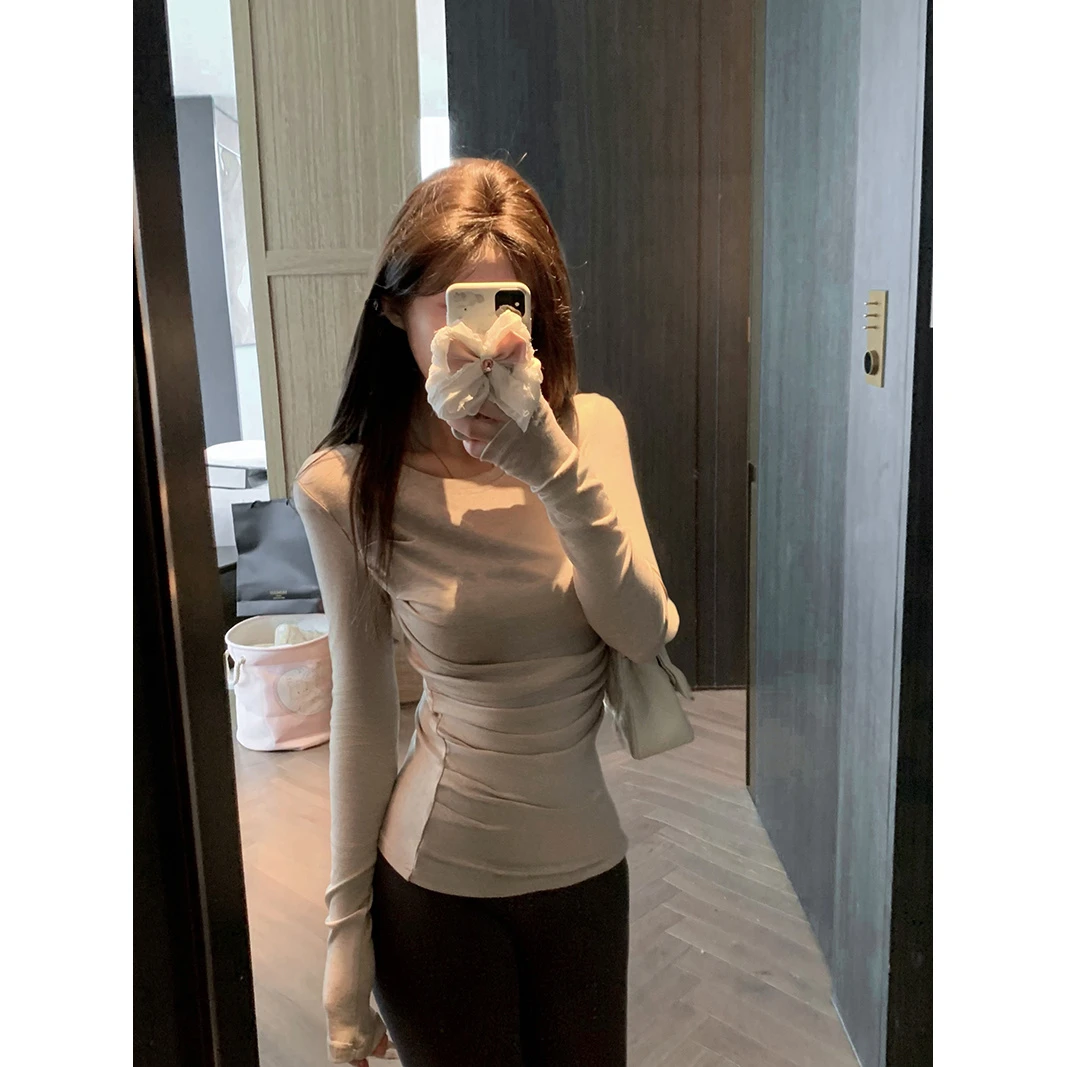 纯欲设计感褶皱圆领长袖T恤女装冬季修身显瘦打底衫上衣辣妹百搭