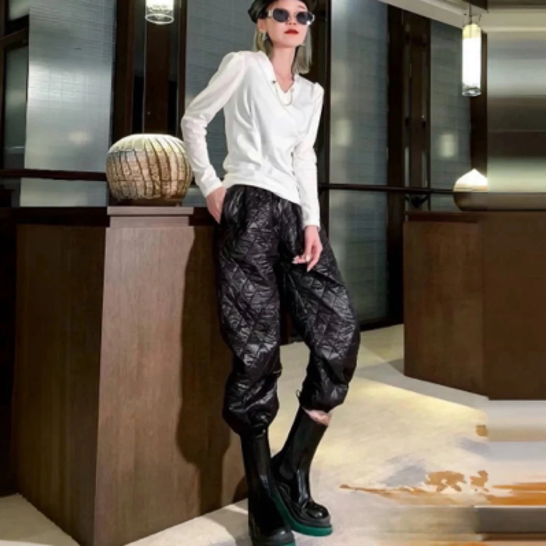 90103秋冬欧洲站加绒颗粒绒拼接AB面夹棉束脚裤宽松冬季长裤