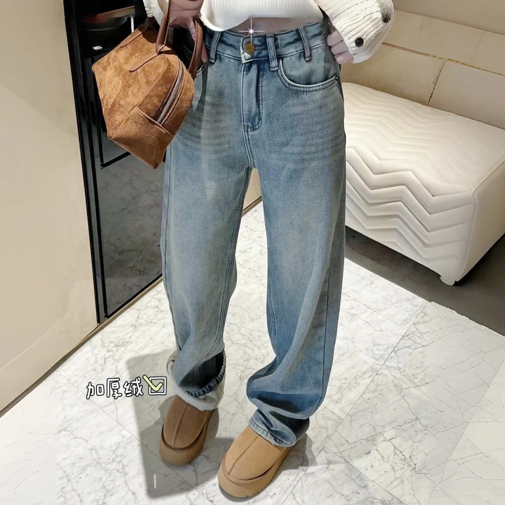 177秋冬加厚绒时尚休闲牛仔男友裤老爹直筒裤复古牛仔裤