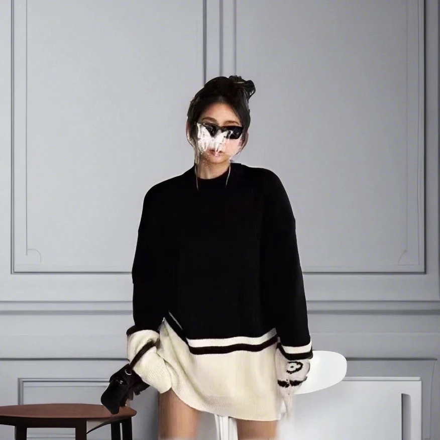 66201靓妹！年轻花 提花logo圆领宽松潮牌包臀毛衣