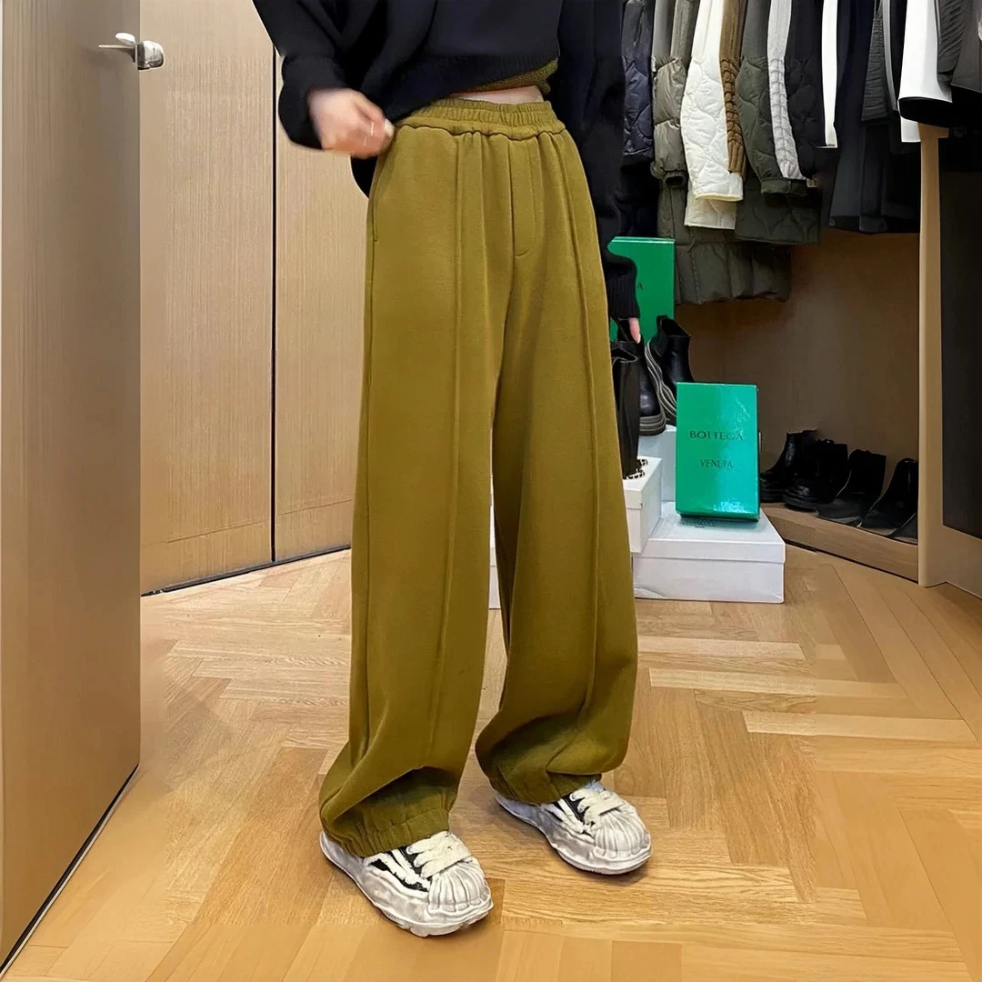 90252欧货高个子小众设计感秋香黄拉绒棉阔腿裤百搭宽松显瘦