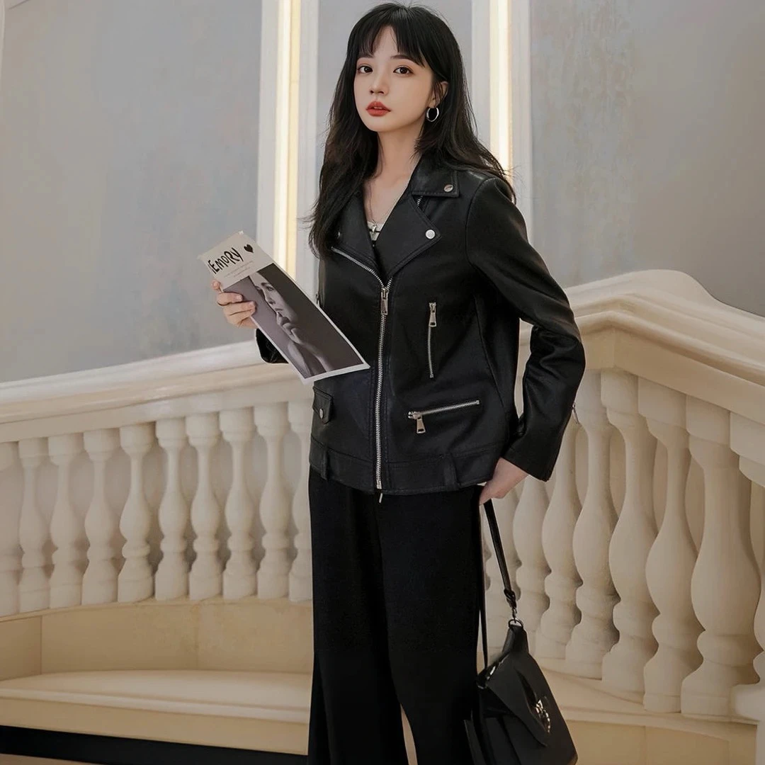 90213延续经典机车造型帅气女孩的圣品机车皮衣外套