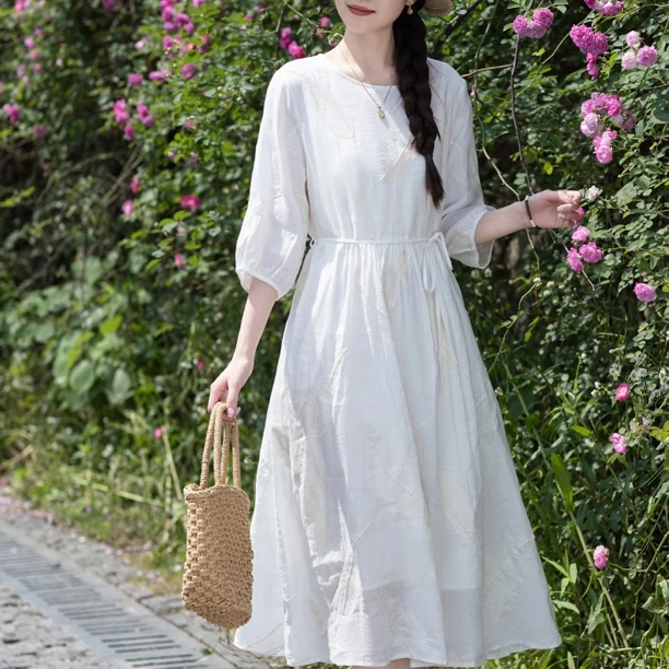 夏季小个子服装法式苎麻旅游休闲收腰长款高档新款女装裙子连衣裙