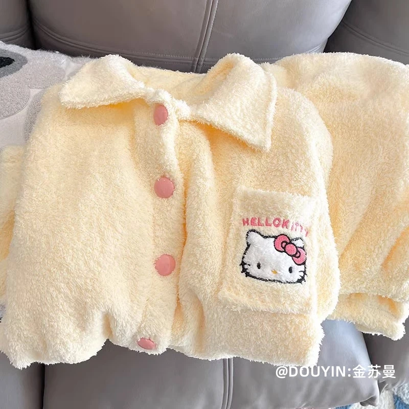 韩系hellokitty睡衣女秋冬季珊瑚绒加绒加厚可爱少女半边绒家居服