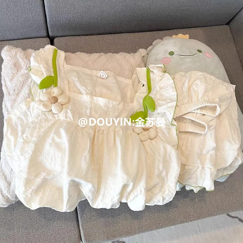 带胸垫睡衣女款夏季云朵棉吊带短裤两件套夏天无袖背心少女家居服