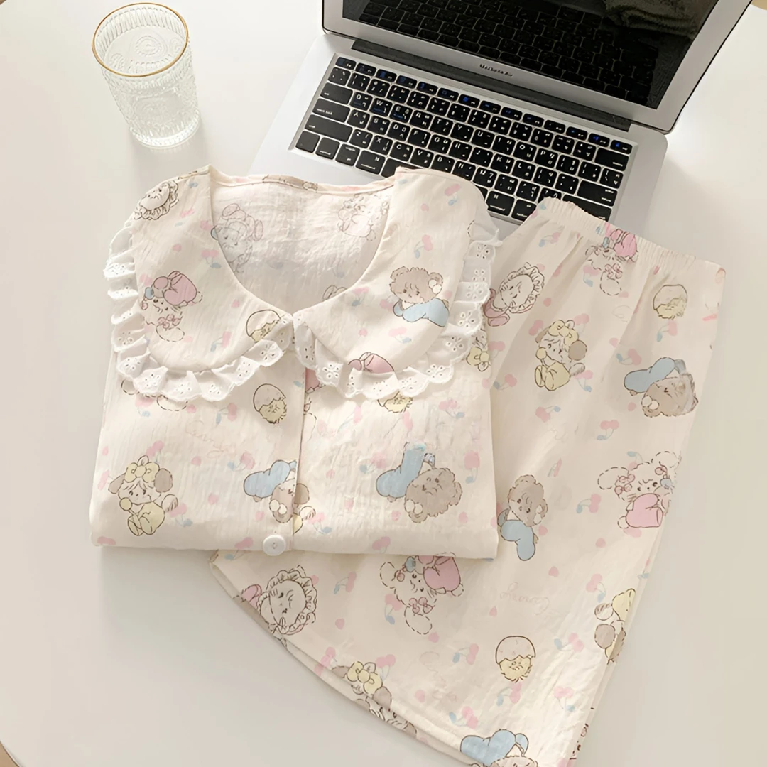 韩系软萌mikko带胸垫睡衣女春秋季云朵棉甜美花边少女长袖家居服