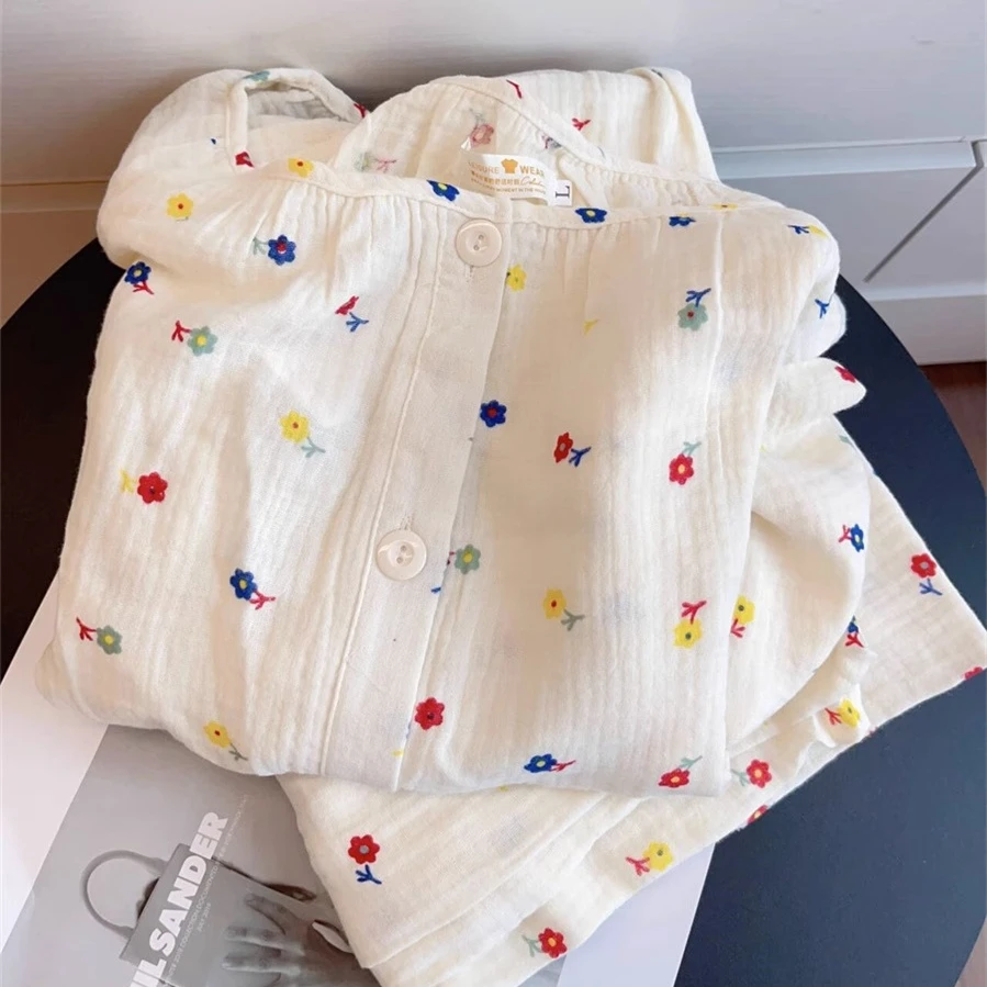 双层纯棉纱布睡衣女春秋款长袖网红甜美可爱碎花开衫可外穿家居服