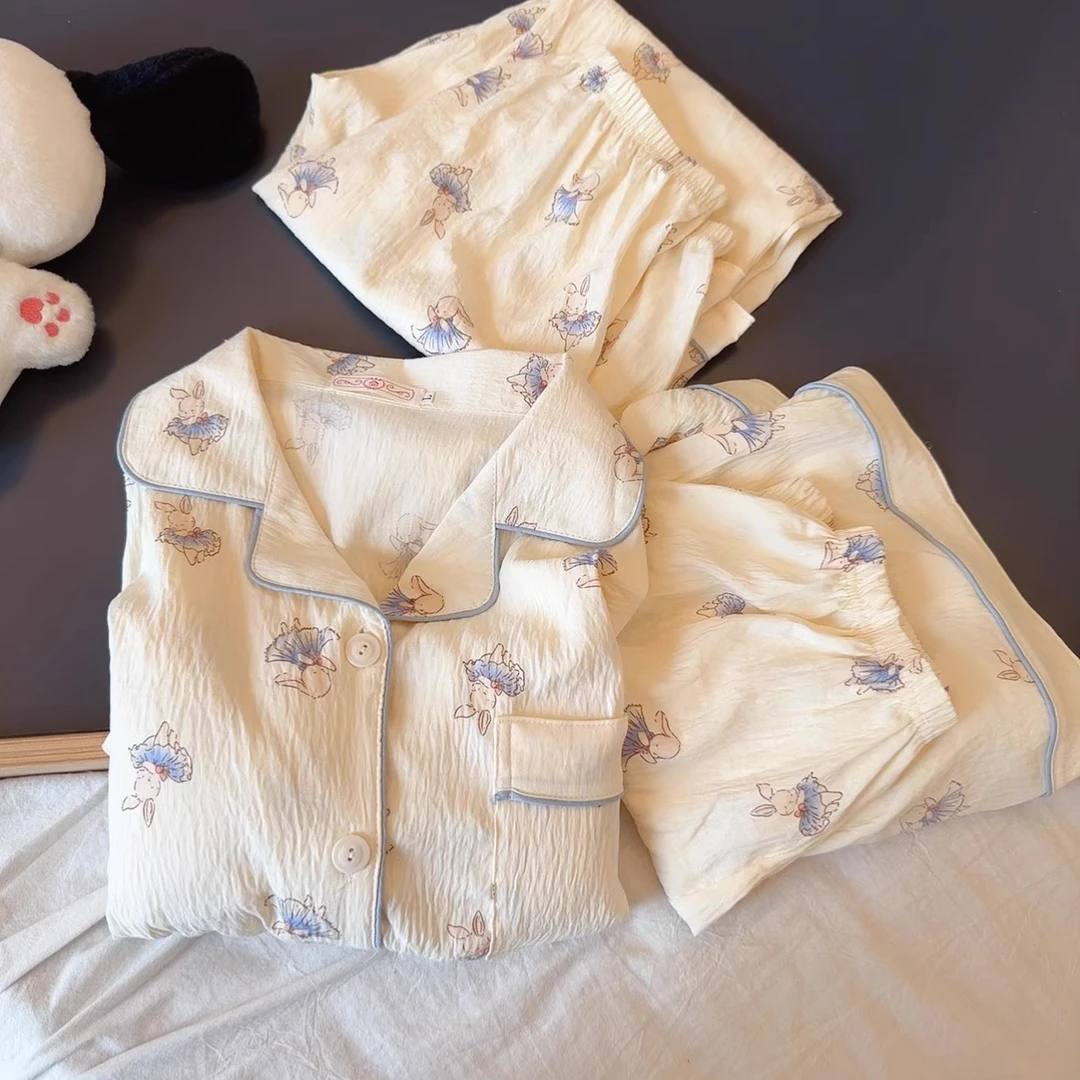 睡衣女款夏季短袖三件套云朵棉网红可爱兔子夏天新款可外穿家居服