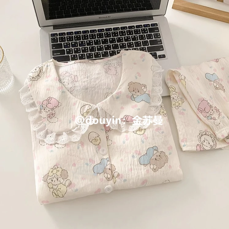 韩系软萌mikko带胸垫睡衣女款夏季云朵棉甜美花边少女短袖家居服