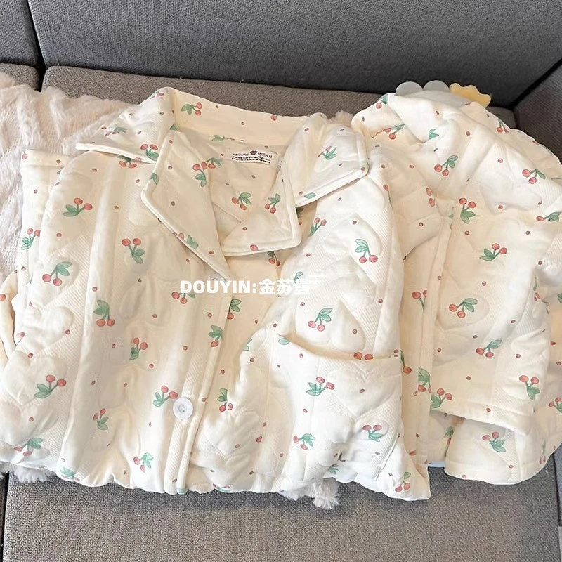 睡衣女春秋季空气棉长袖2023新款网红甜美可爱碎花开衫家居服秋冬