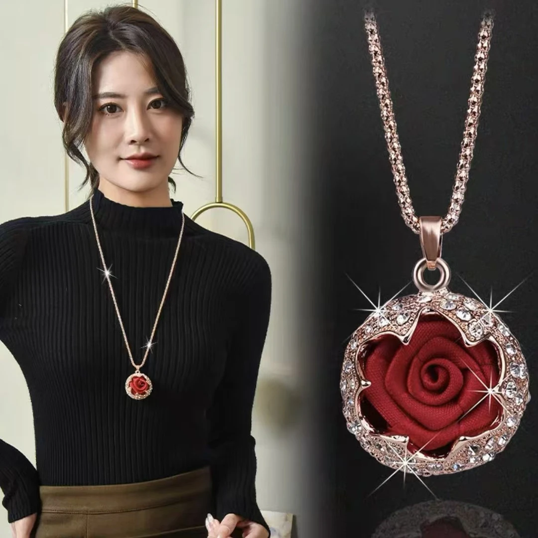 【475】高档玫瑰花吊坠秋冬长款气质时尚轻奢百搭项链