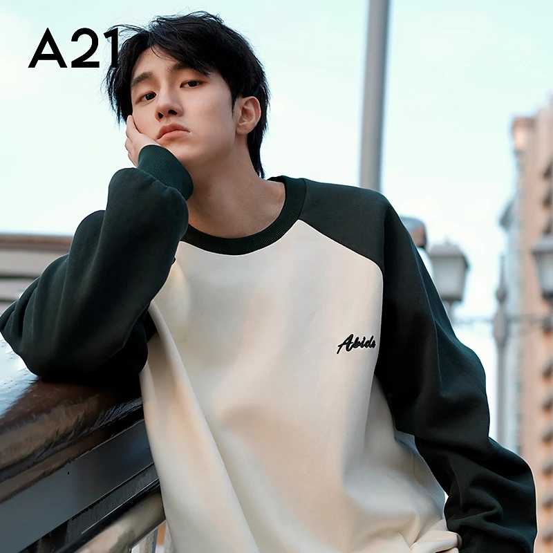 A21男装宽松圆领插肩a21长袖卫衣衫撞色刺绣字母男上衣F433132005