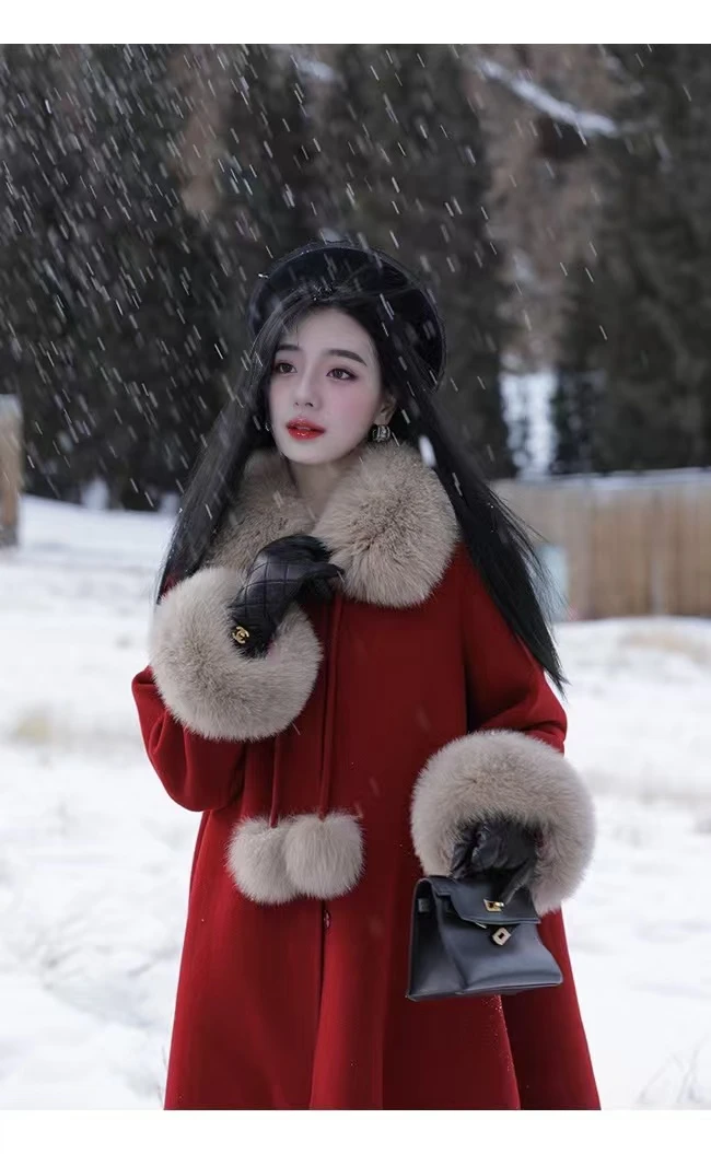 【AJO】新年战袍红色气质中长款毛呢外套女冬款韩版毛毛呢子厚大衣