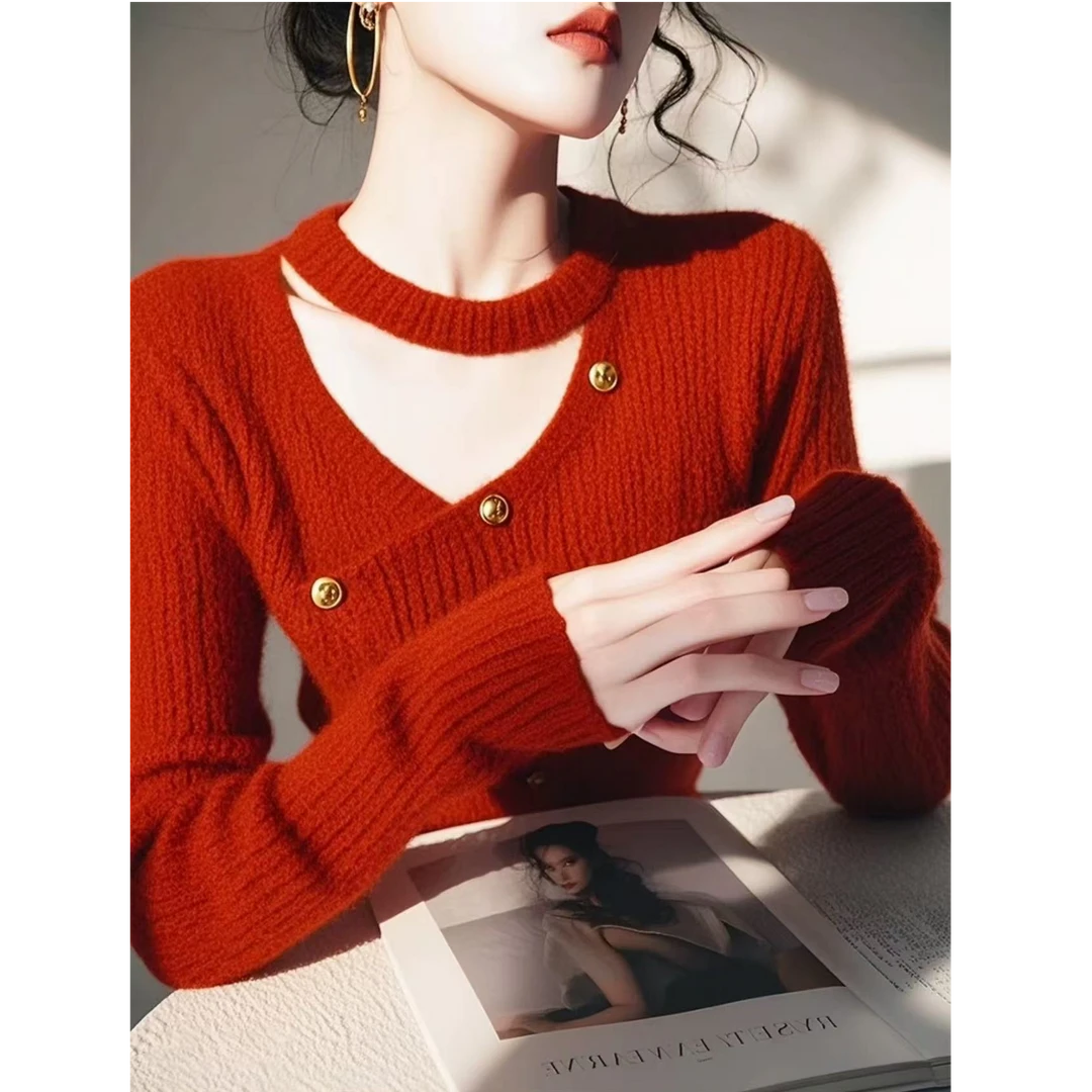 【AJO】小香风红色内搭打底针织衫女士冬季爆款韩系镂空修身毛衣