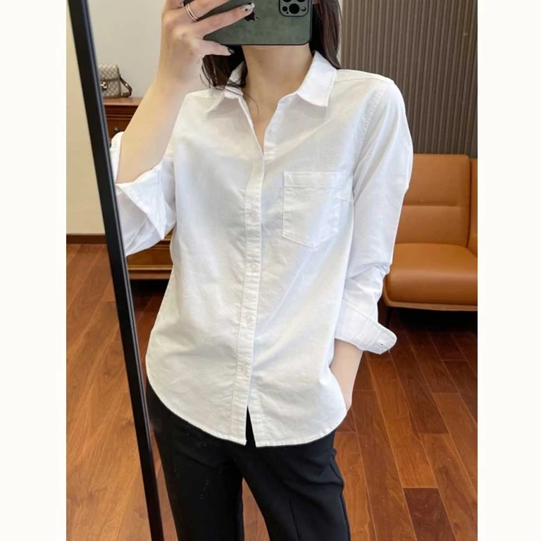 2024春秋新款白色衬衫女高级感休闲衬衣搭配马甲叠穿洋气纯棉上衣