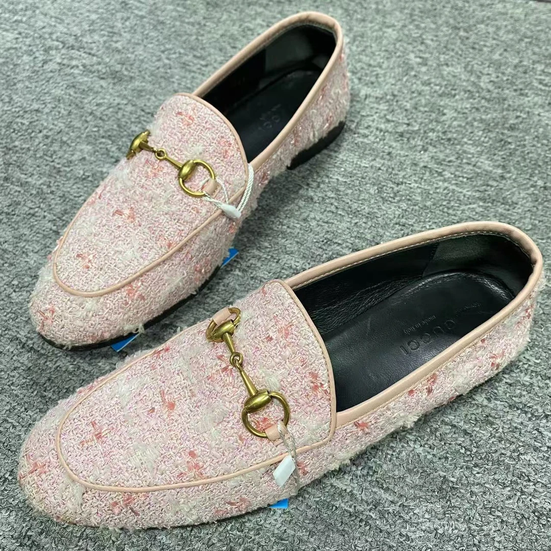 GUCCI/古驰36码/seven女鞋精选 樱花粉马衔扣粗花呢平底乐福鞋637