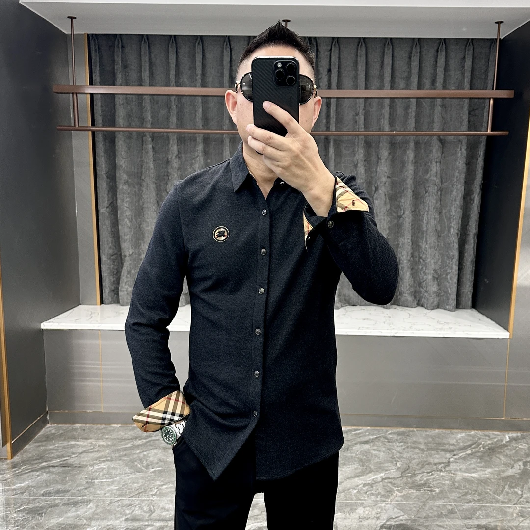 2025秋冬男士新款时尚百搭修身翻领休闲潮流轻奢长袖打底衬衫1079