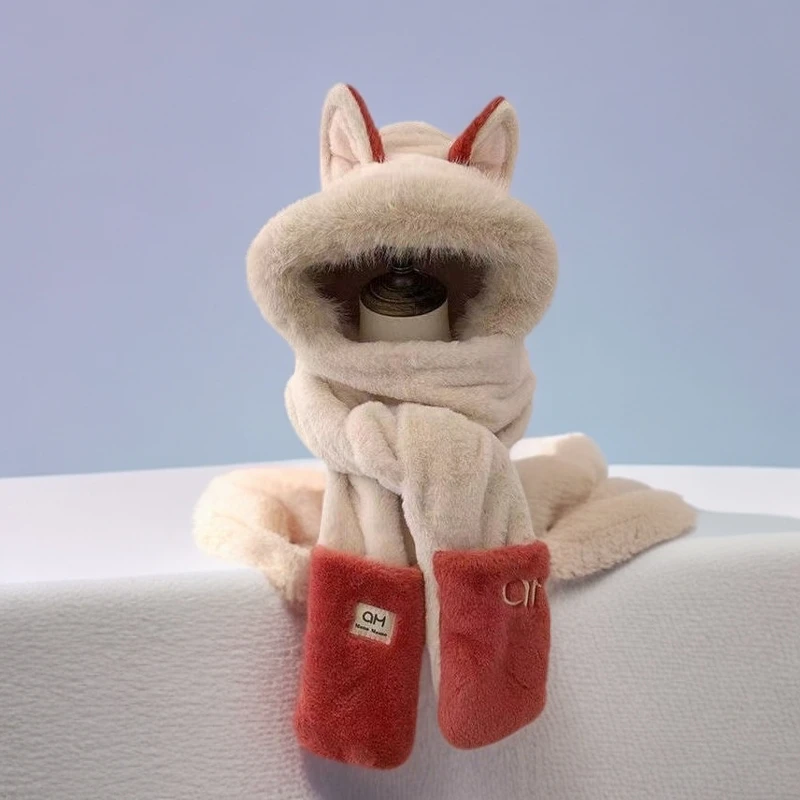 可爱火狐狸耳朵毛绒帽子围巾手套一体女冬季加厚保暖帽防寒雷锋帽