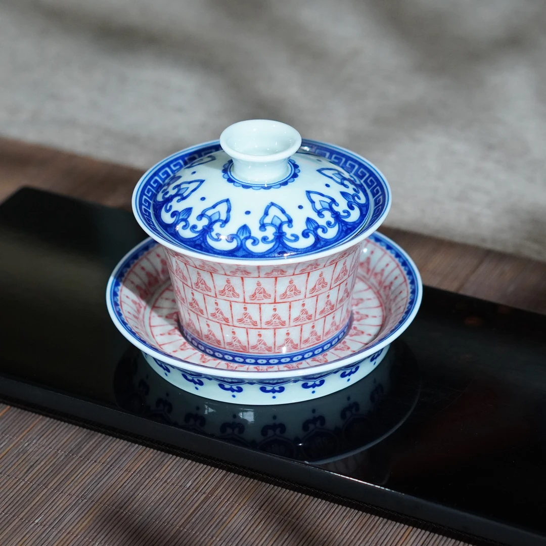 悬停三才盖碗千佛马蹄旋转盖碗景德镇缠枝拓片青花釉里红茶盖碗瓷