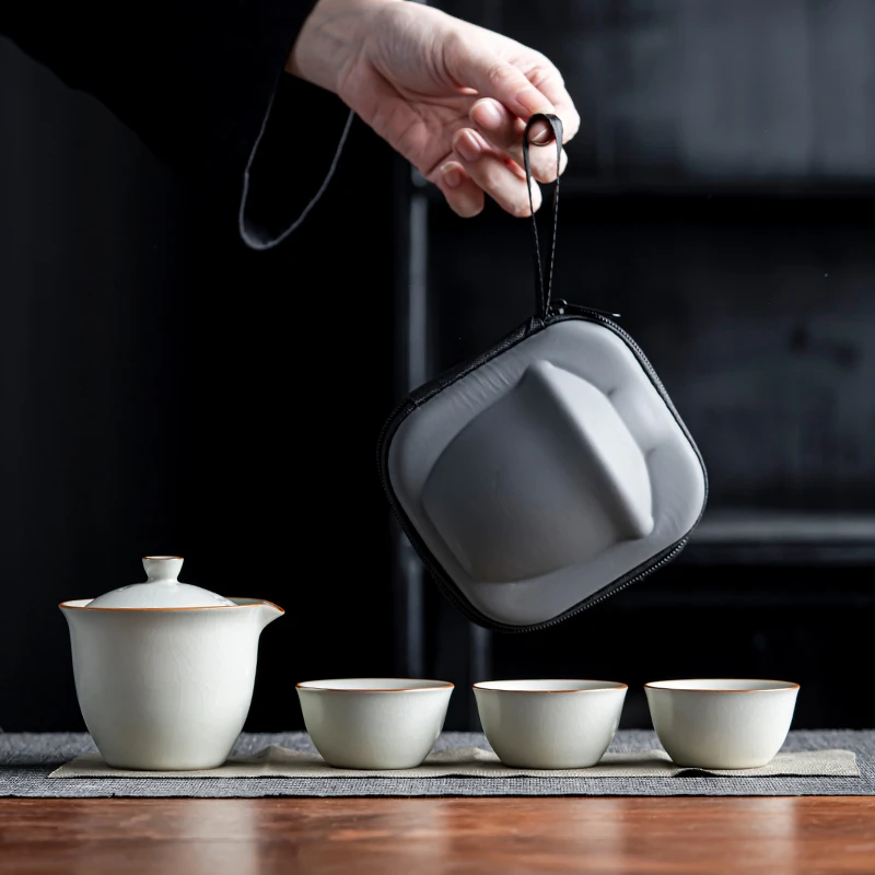米白汝窑旅行茶具便携式一壶三杯快客杯车载露营户外简易陶瓷茶具