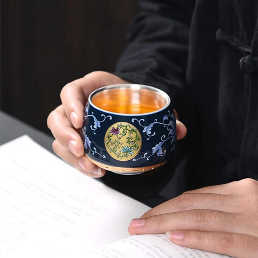 复古缠枝莲万花鎏银品茗杯陶瓷主人杯杯单杯功夫茶具茶盏茶碗