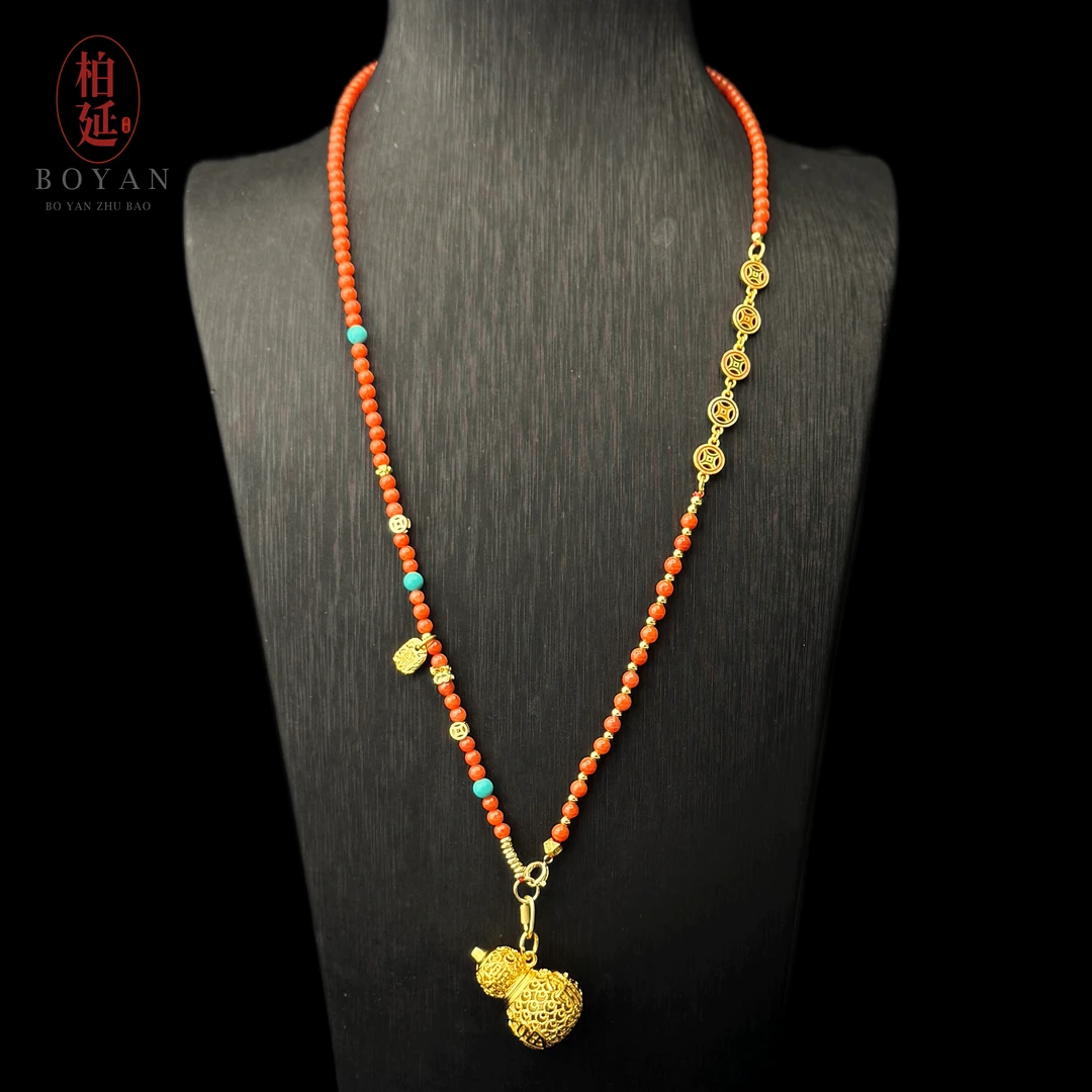 【柏延】天然南红项链时尚百搭女款手工DIY葫芦编织坠链HT0402