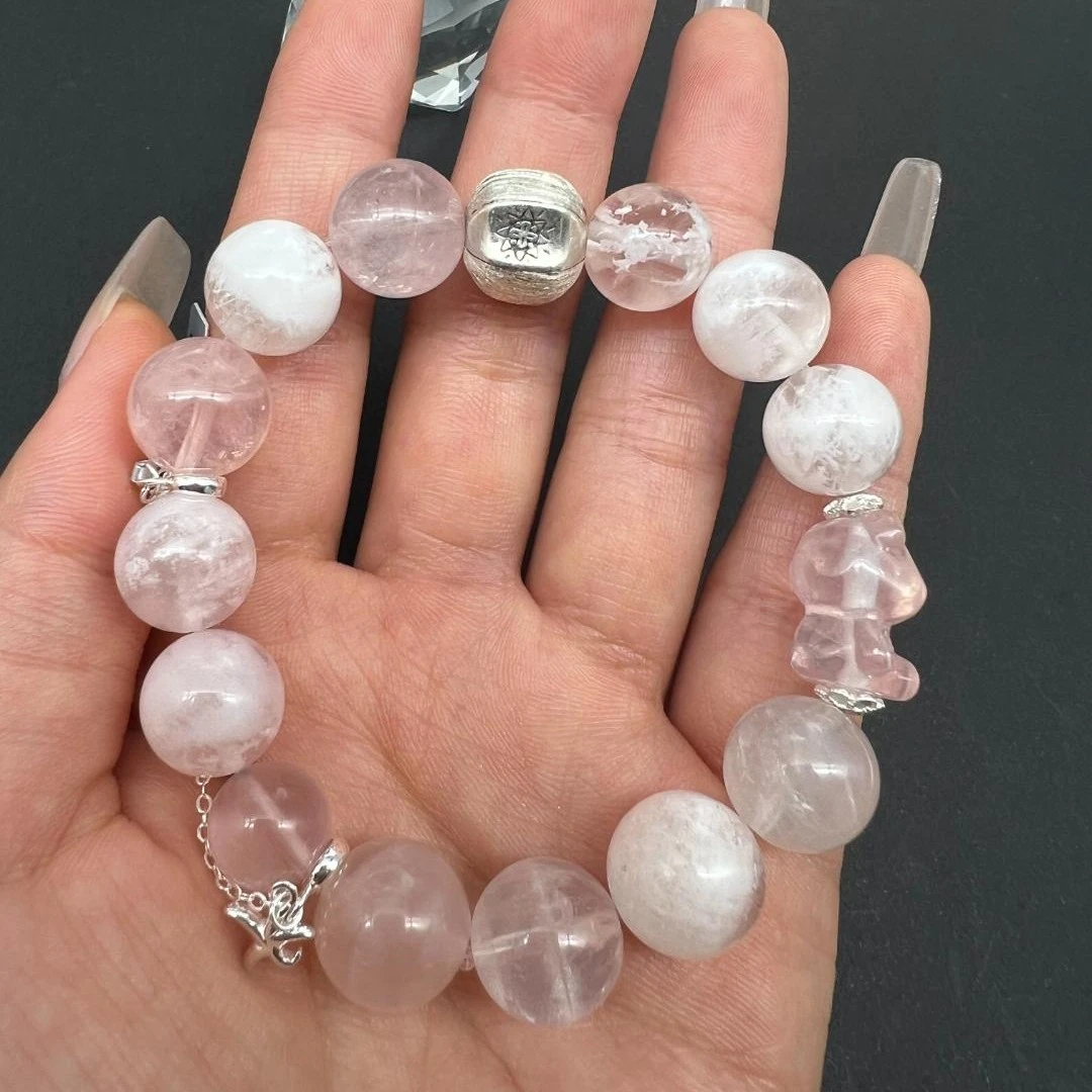 【柏延】天然雪花幽灵粉水晶小熊手串BY1590