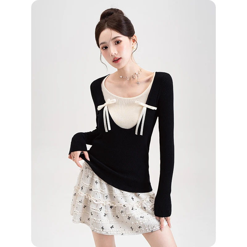 2024新款甜美显瘦气质长袖黑色假两件拼接设计感修身蝴蝶结针织衫