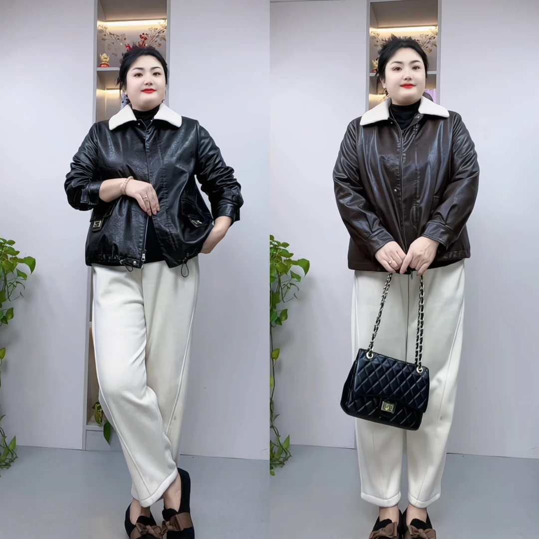 时尚毛领短款加绒加厚胖妹妹拼接皮夹克秋冬皮毛一体