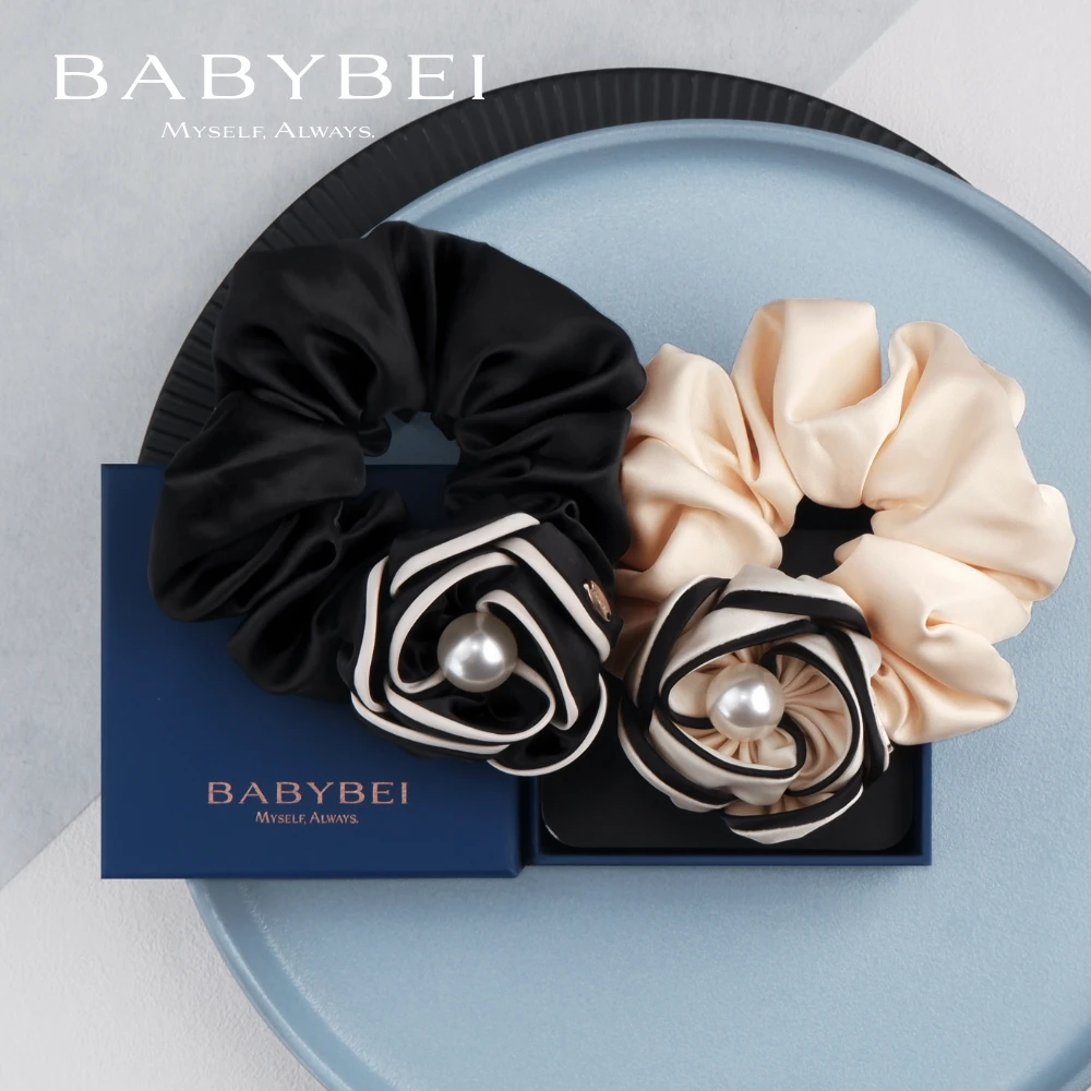 BABYBEI/初贝茶茶高亮珠中肠发圈拼色瓣单珠优雅法式时尚气质黑米