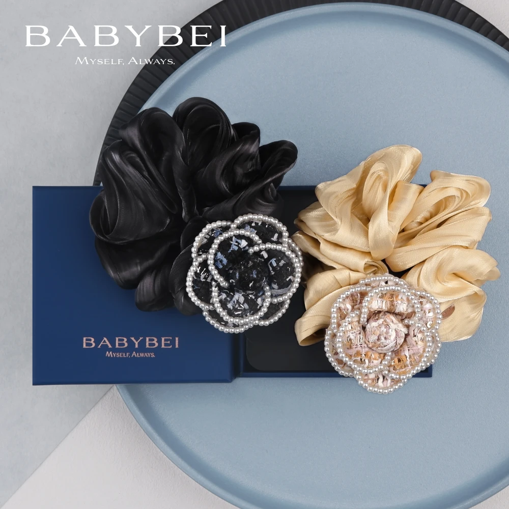BABYBEI/初贝茶茶高亮珠中肠发圈粗呢气质优雅花朵法式黑色米色