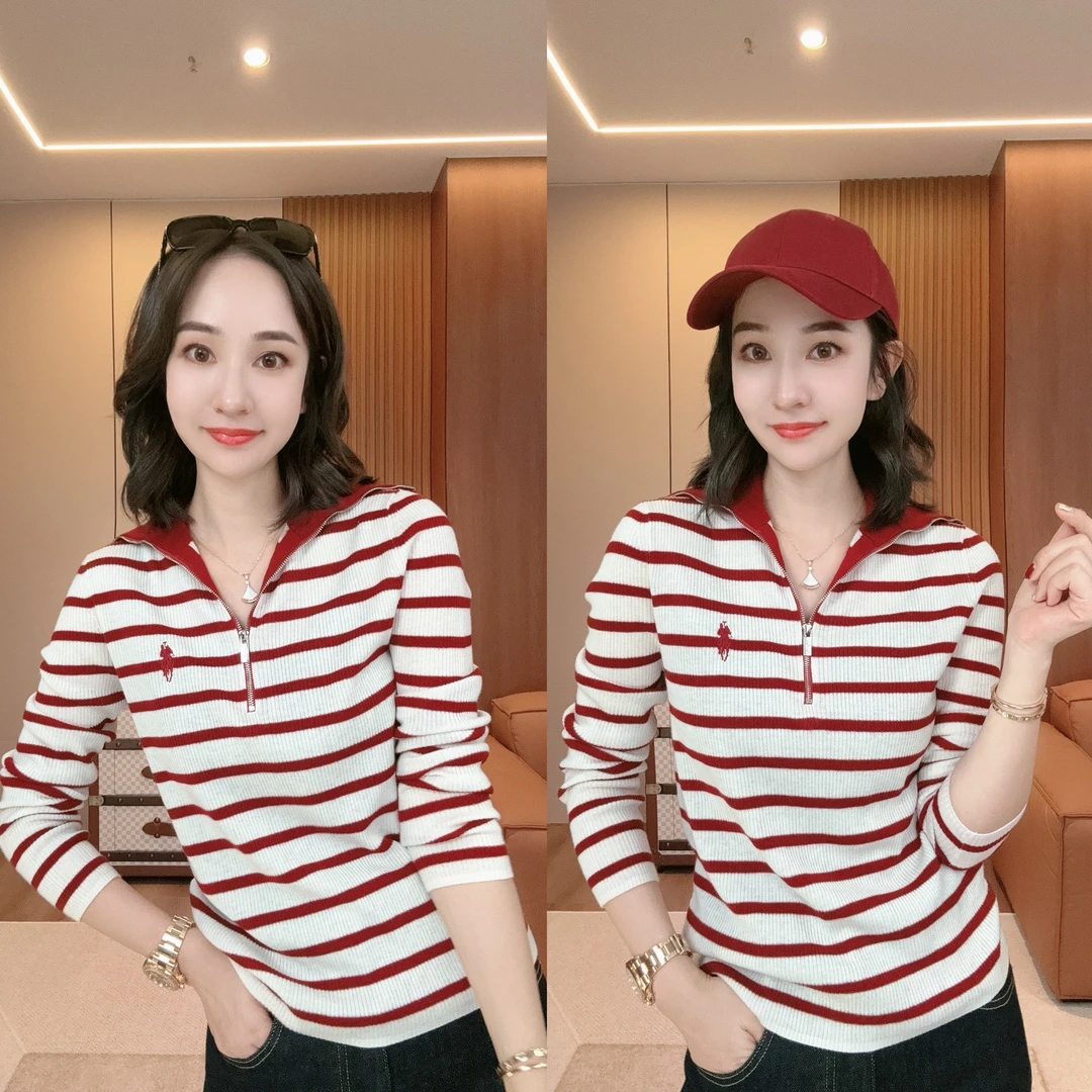 【波尔条纹】早秋拉链高领刺绣针织条纹小衫XY241265 JDND轩羽