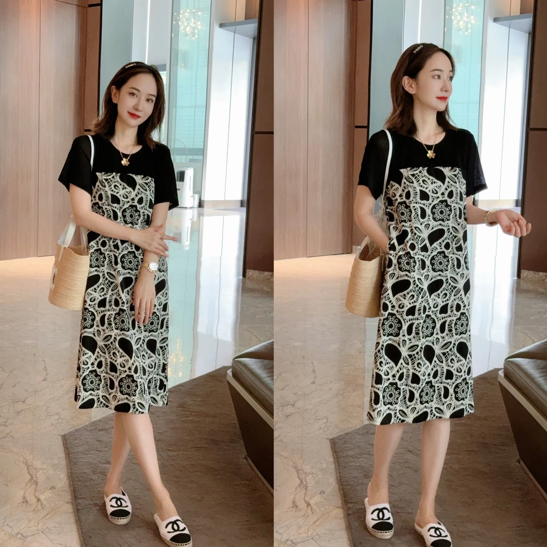 【腰果花】夏季度假休闲时尚圆领拼色连衣裙XY241146 JDND轩羽