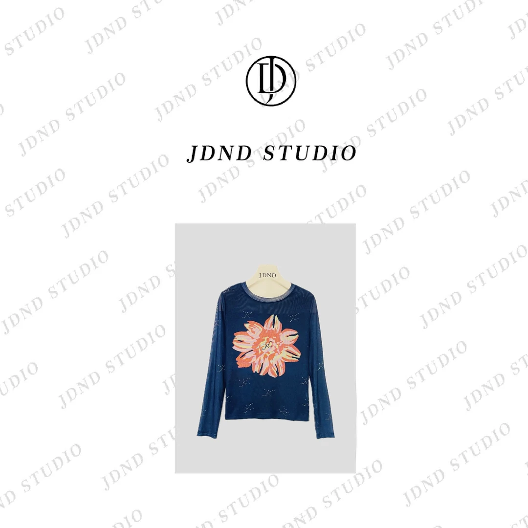 【蓝玫】夏季印花圆领长袖网纱T恤XY24917  JDND轩羽