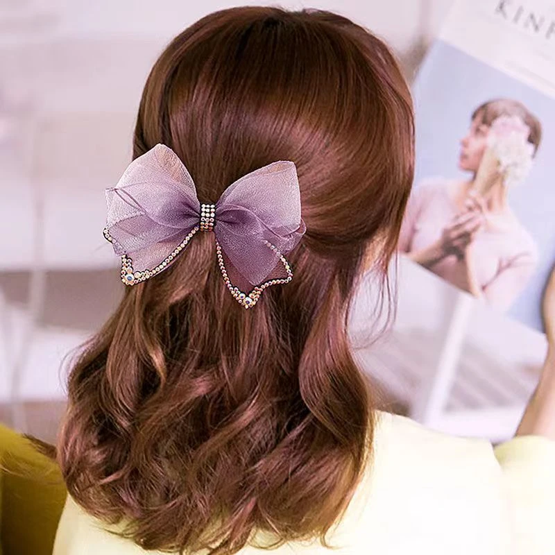 爆款绢纱发夹后脑勺水钻蝴蝶结发饰盘发顶夹子弹簧夹头饰