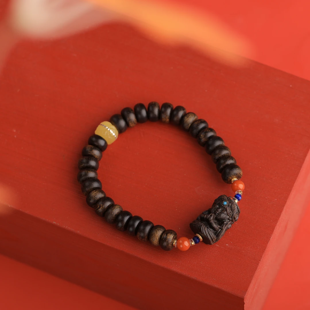 【香木雅集】沉香手串-沉水老白棋单圈算盘珠手串+沉香木雕扎基