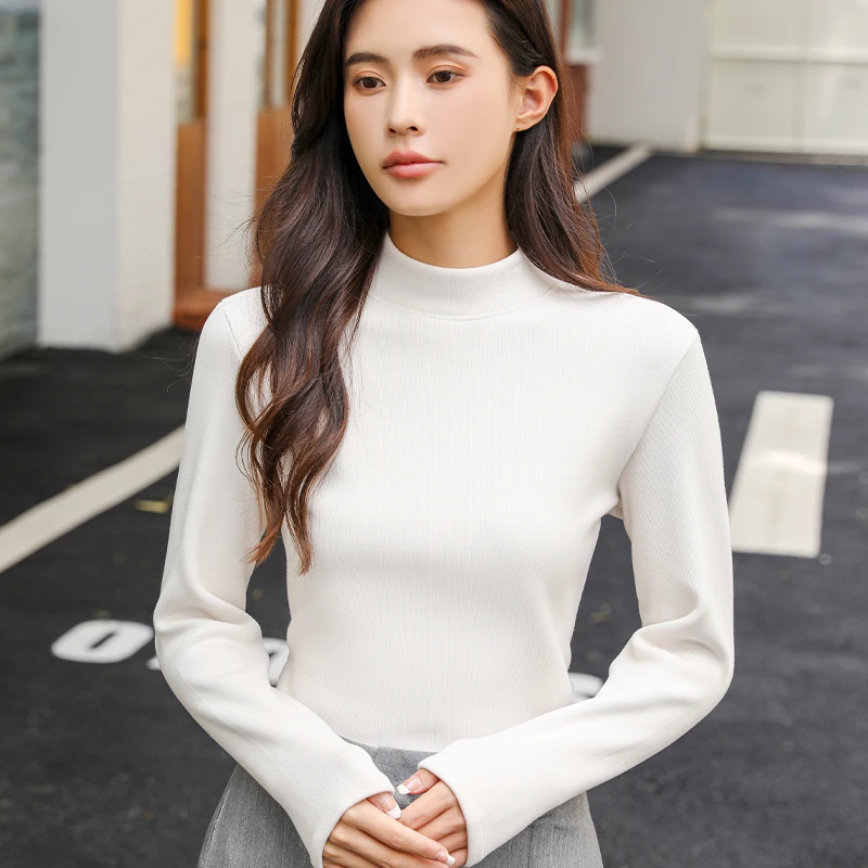 秋冬新款打底衫女时尚洋气保暖衣修身半高领上衣加厚椰绒云感衣