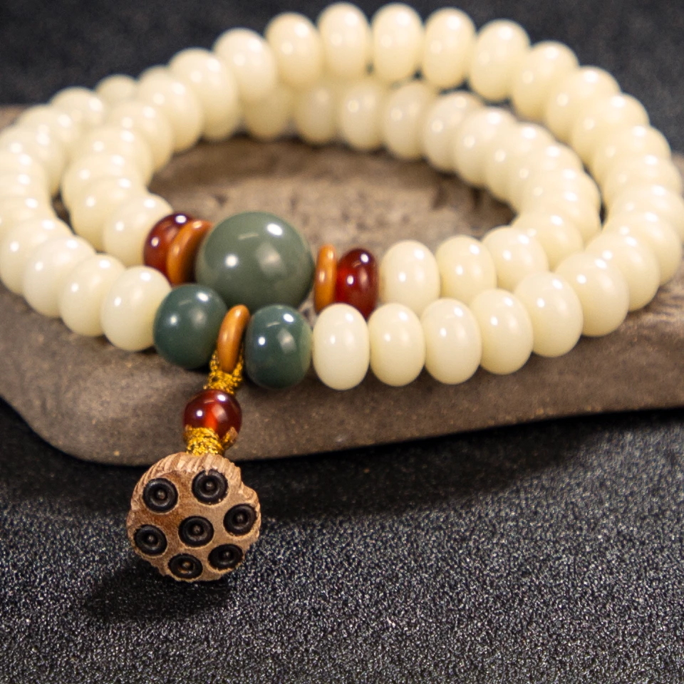 玉化菩提根算盘珠9mm双圈莲蓬手串文玩LY0033