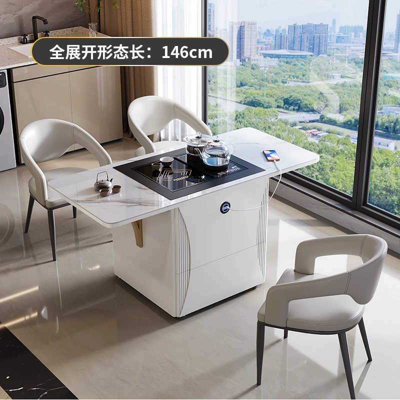 多功能移动茶几小户型茶车轻奢岩板折叠升降伸缩茶桌椅组合现代风