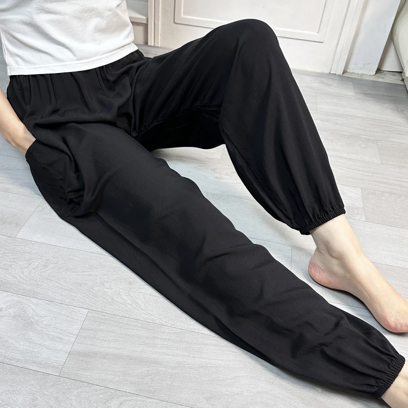 棉绸睡裤女夏人造棉薄款灯笼裤纯黑沙滩裤外穿宽松防蚊家居长裤子
