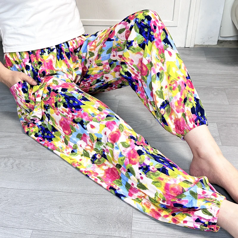 睡裤女夏季棉绸空调房长裤可外穿灯笼裤薄款人造棉宽松日系家居裤