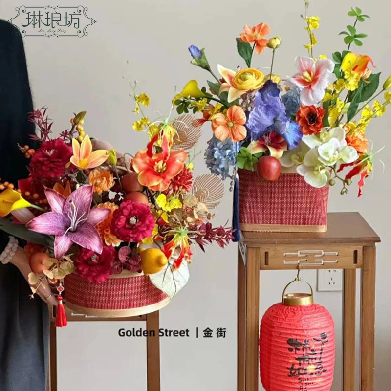 新年竹编福桶花篮喜庆中国风花艺鲜花礼品礼盒古典鲜花年宵花