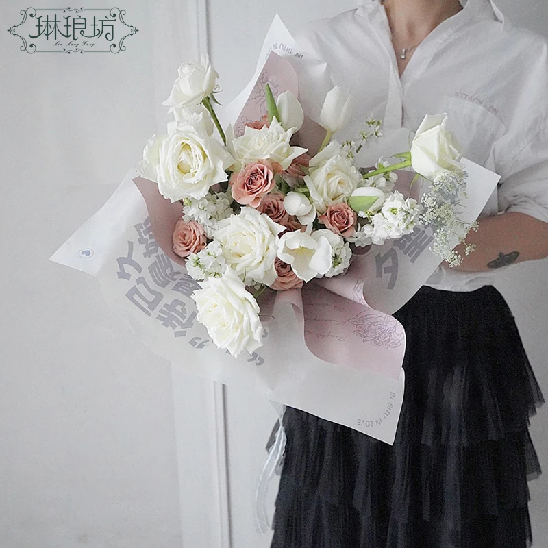 琳琅坊 特价法式浪漫简绘玫瑰鲜花防水包装纸花艺包装材料花束纸