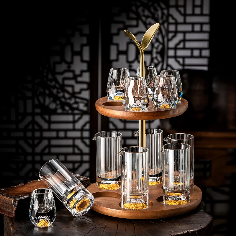 中式水晶玻璃白酒杯套装家用轻奢高档黄金分酒器列酒杯分酒器套装
