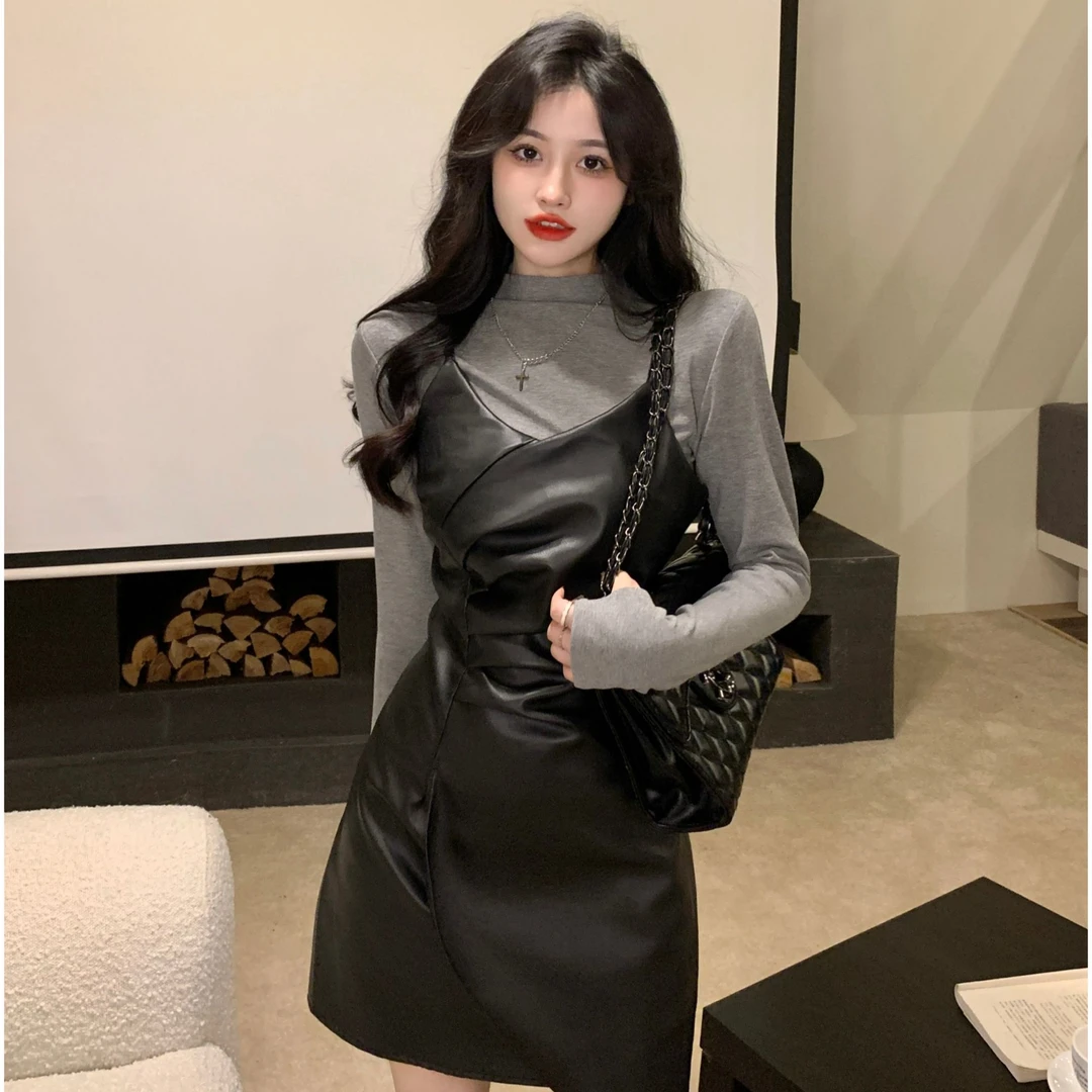 大码女装法式打底吊带连衣裙女秋冬胖MM高级感气质皮裙