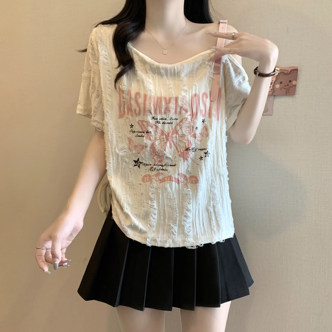 【小可爱专属】2024大码女装短袖露肩T恤上衣