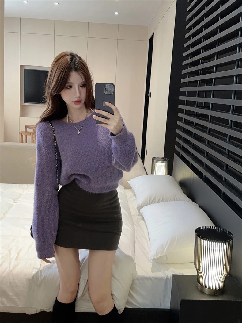 【小希STUDIO】软糯水貂绒毛衣女短款秋冬内搭上衣一字肩针织打底衫